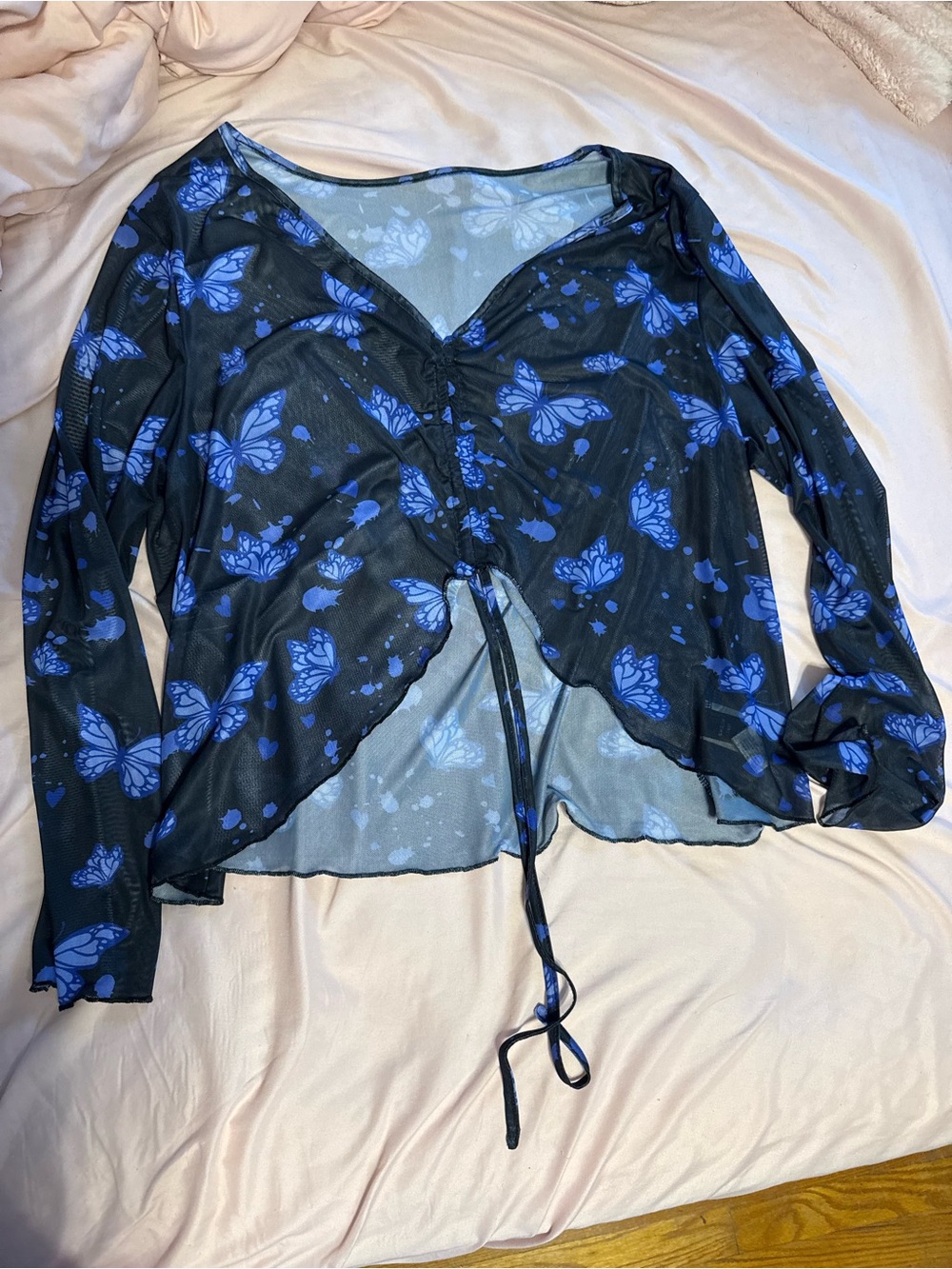SHEIN Black Sheer Butterfly Print Tie-Front Blouse 4x - Never worn